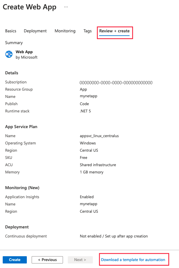 Screenshot that shows the App Service web app creation menu.