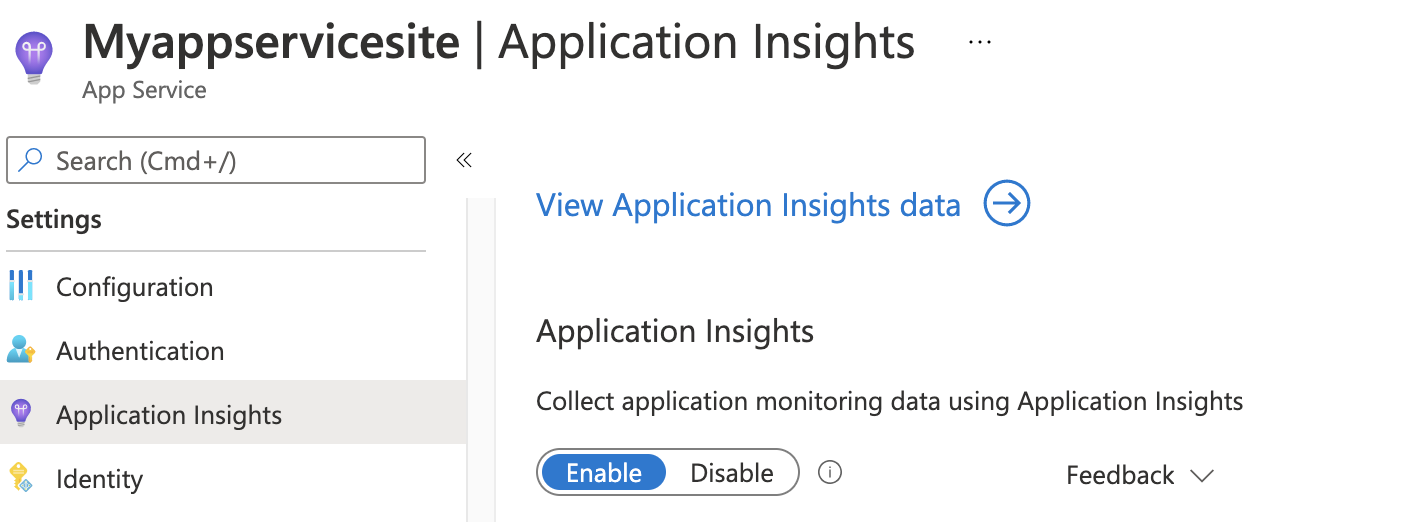 Screenshot that shows the Application Insights tab with Enable selected.