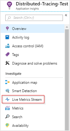 Screenshot of overview pane with live metric stream selected in red box