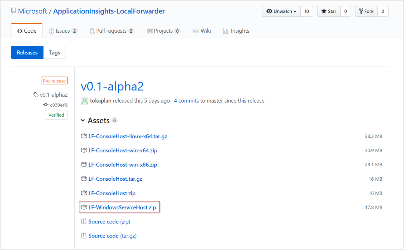 Screenshot of local forwarder release download page