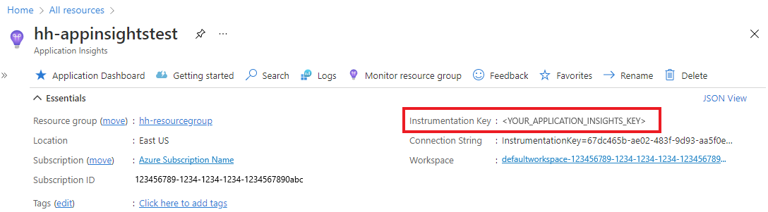 Find instrumentation key in Azure portal