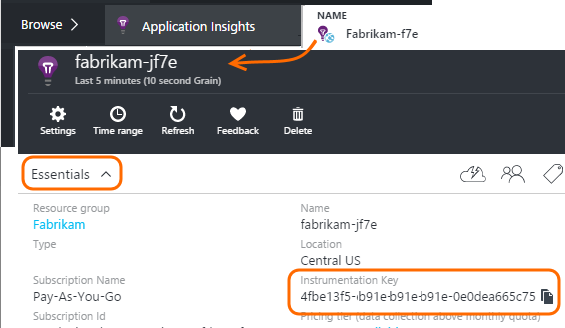Screenshot that shows copying the app's instrumentation from the Essentials dropdown in Application Insights.