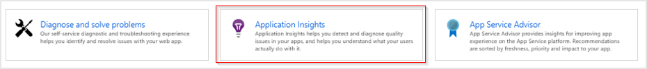 Screenshot of three buttons. Center button with name Application Insights is selected
