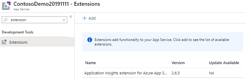 Screenshot of App Service Extensions showing Application Insights extension for Azure App Service installed