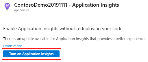 Screenshot of the first-time experience for the Application Insights blade with the Turn on Application Insights button highlighted