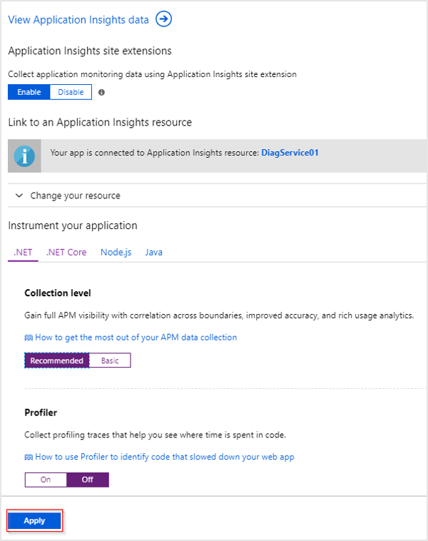 Screenshot of Application Insights App Service Configuration page with Apply button highlighted in red
