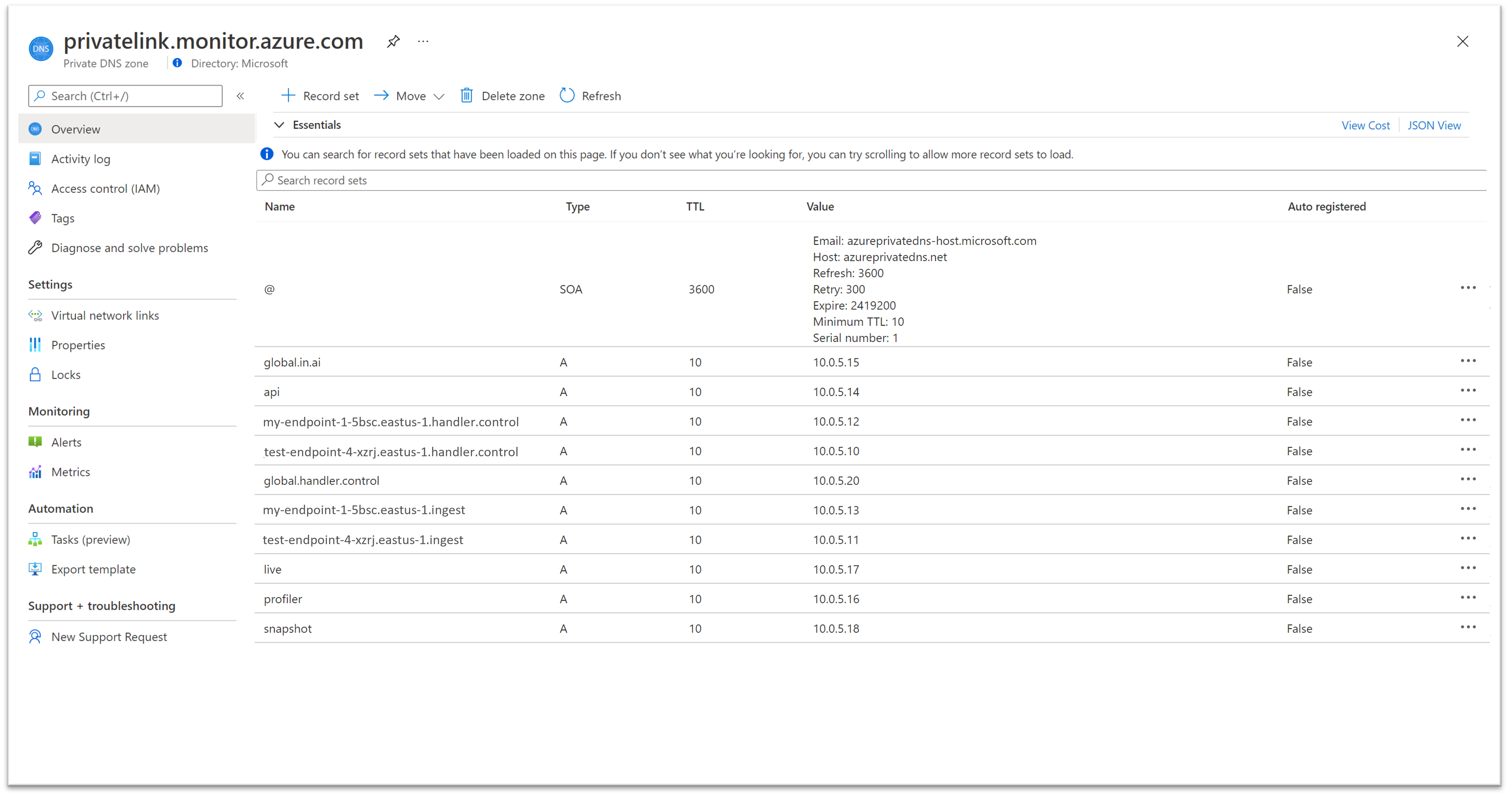 显示 Private DNS 区域 monitor-azure-com 的屏幕截图。