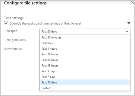 In the Configure tile settings, select the timespan dropdown to change the timespan/time range