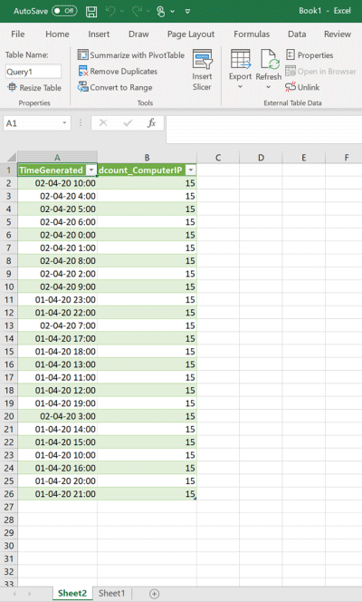 Query results in Excel