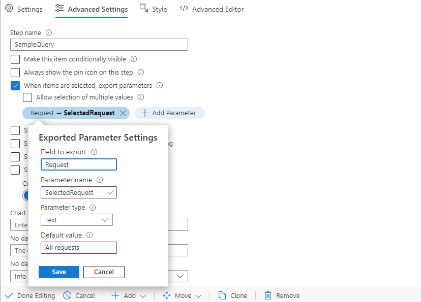 Screenshot that shows the Advanced Settings workbook editor with settings for exporting fields as parameters.