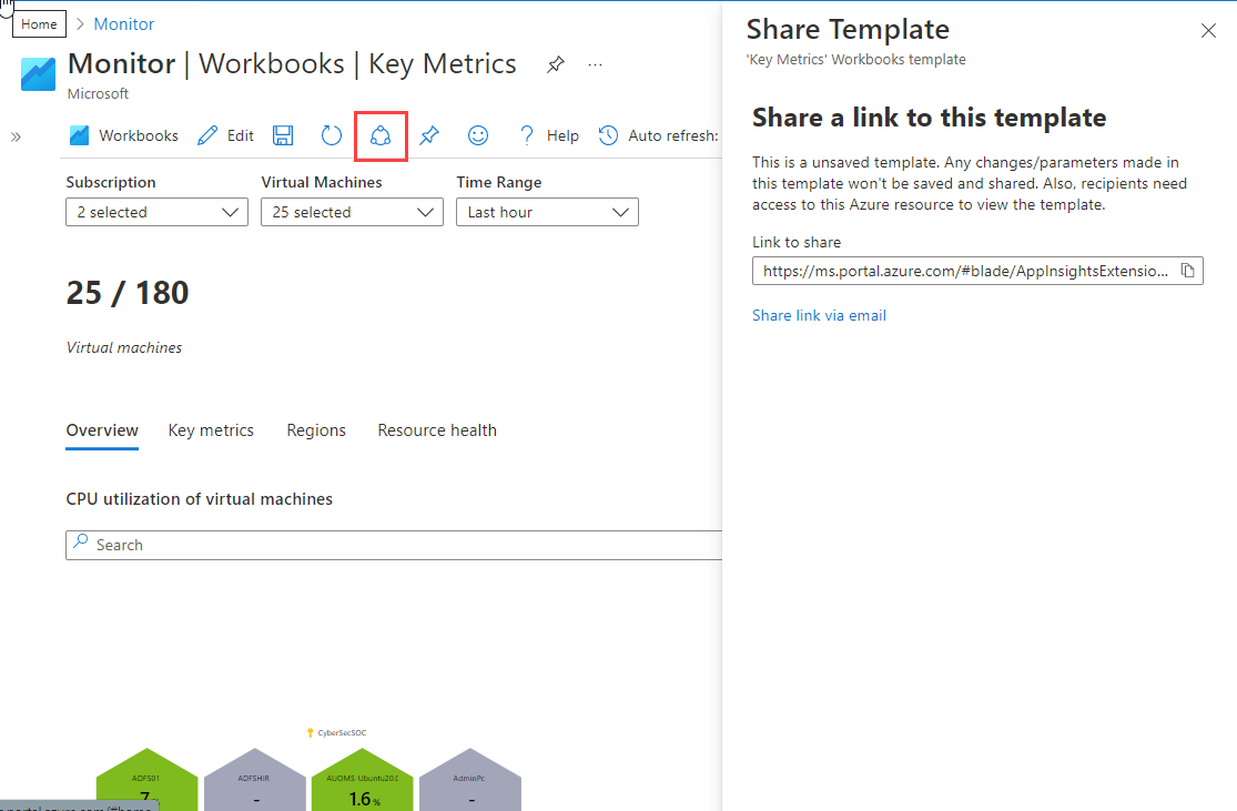 Screenshot of the steps to share an Azure workbook.
