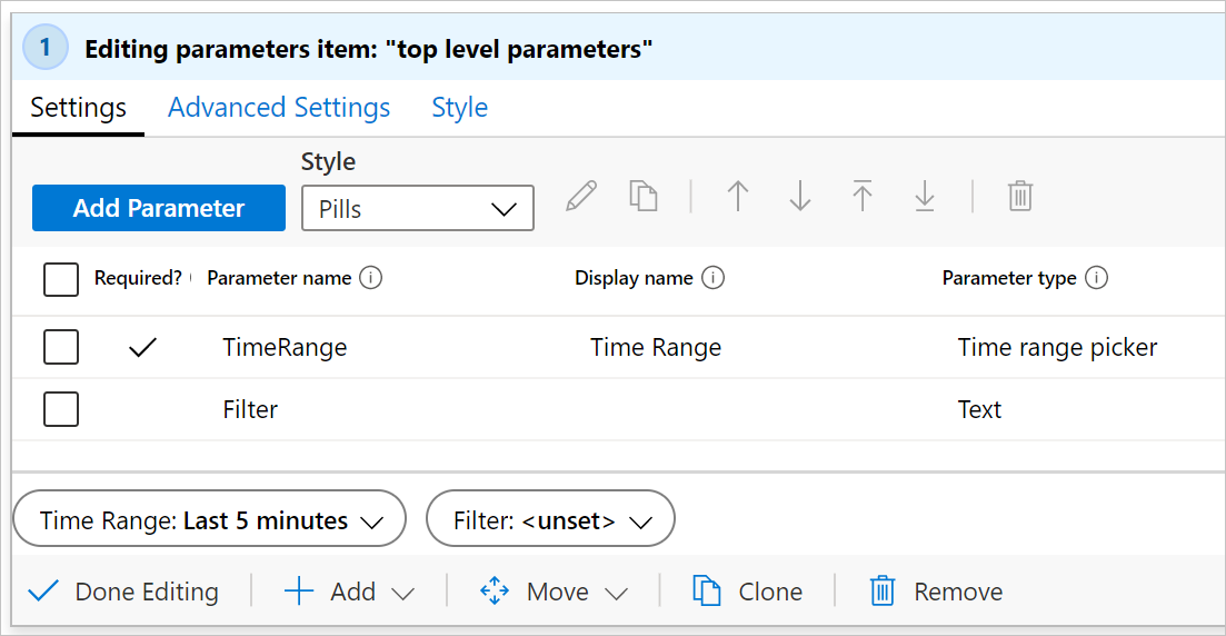 Editing parameters item: 