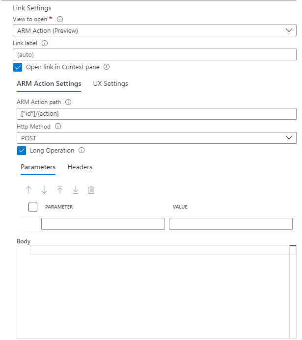 显示 Azure 工作簿 ARM 操作设置的屏幕截图。