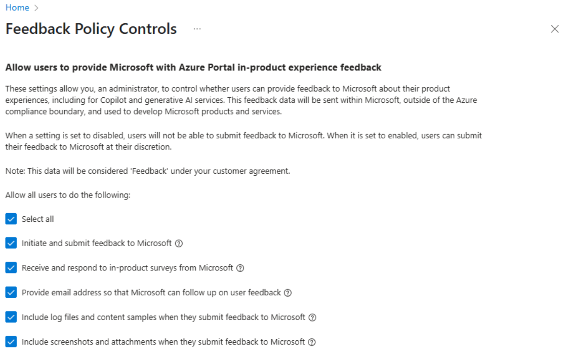 Azure 门户中“反馈策略控制”选项的屏幕截图。