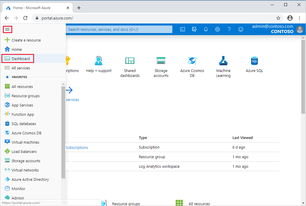 Screenshot of the Azure portal with Dashboard selected.