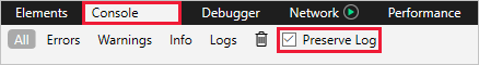 Screenshot that highlights the Preserve log option on the Console tab in Edge.