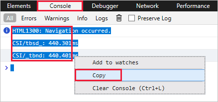 Sccreenshot showing how to save the console output in Edge.