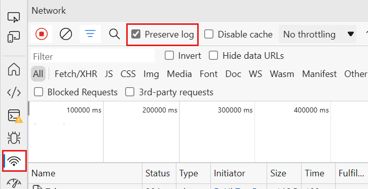 Screenshot that highlights the Preserve log option on the Network tab in Edge.