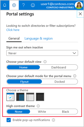 Screenshot showing Azure portal settings with themes highlighted