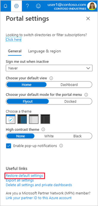 Screenshot showing restore of default settings