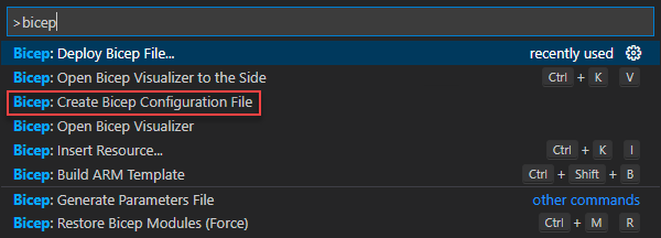 Screenshot of how to create Bicep configuration file in VS Code.