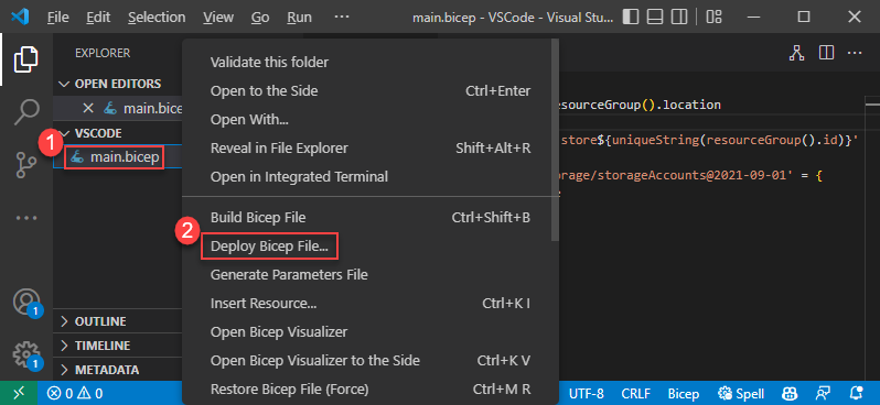 “浏览”窗格的上下文菜单中“部署 Bicep 文件”的屏幕截图。