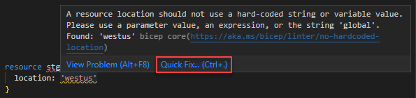 The screenshot of No hardcoded location linter rule warning with quickfix.