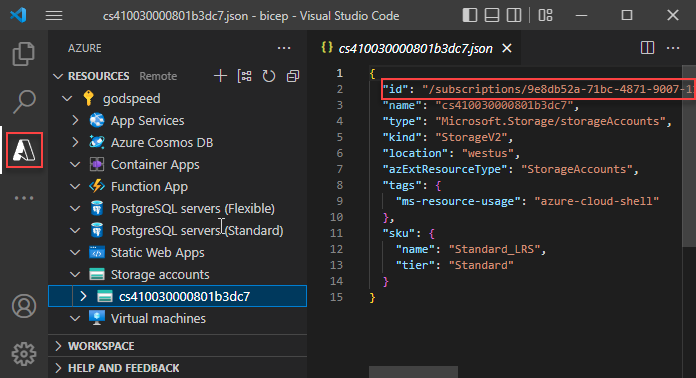 Visual Studio Code Azure 资源扩展的屏幕截图。