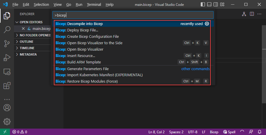 命令面板中 Visual Studio Code Bicep 命令的屏幕截图。
