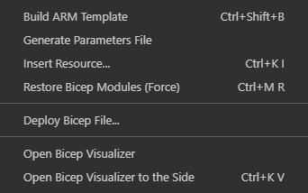 Bicep 文件的上下文菜单中 Visual Studio Code Bicep 命令的屏幕截图。