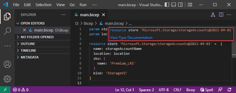 Visual Studio Code Bicep 查看类型文件的屏幕截图。