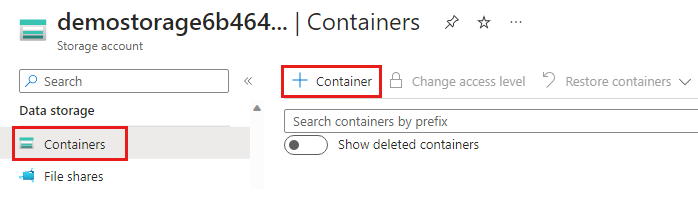 Screenshot of the storage account's screen to create a new container.