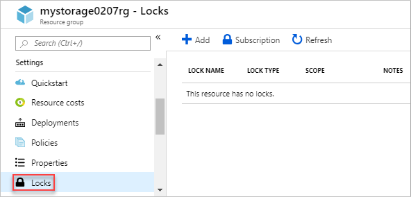 Screenshot of the Azure portal showing the Locks option for a storage account.