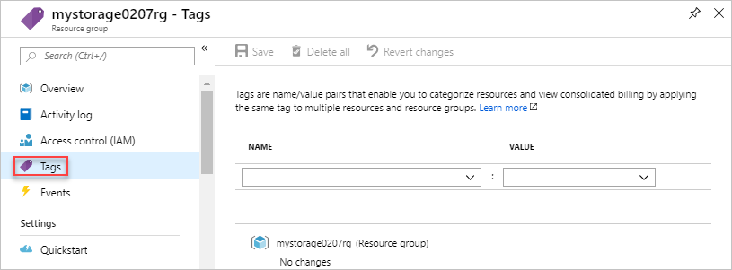 Screenshot of the Azure portal displaying the Tags option for a storage account.