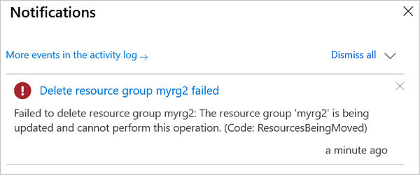 Azure 门户的屏幕截图，其中显示了尝试删除正在进行的移动操作中涉及的资源组时出现的错误消息。
