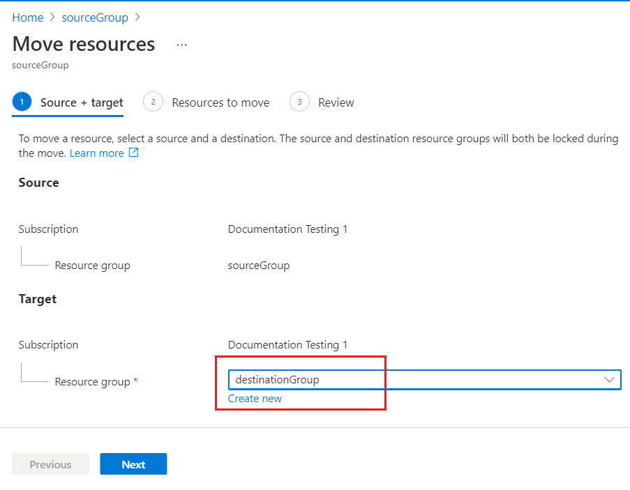 Azure 门户的屏幕截图，其中显示了用户指定要执行移动操作的目标资源组。