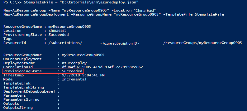 Screenshot of PowerShell output showing the successful deployment provisioning state.