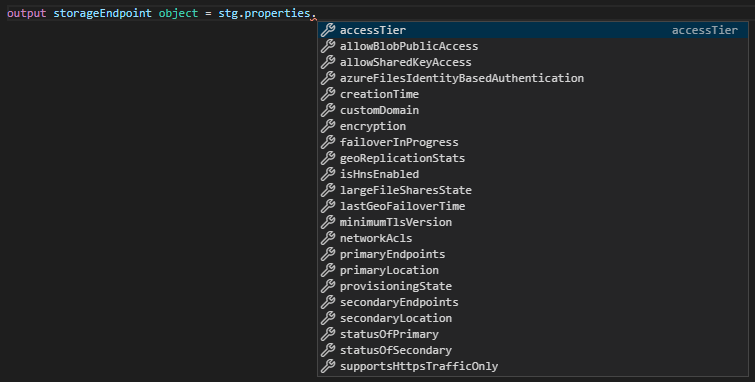 Visual Studio Code Bicep symbolic name object properties