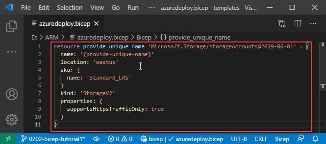 Visual Studio Code first Bicep file