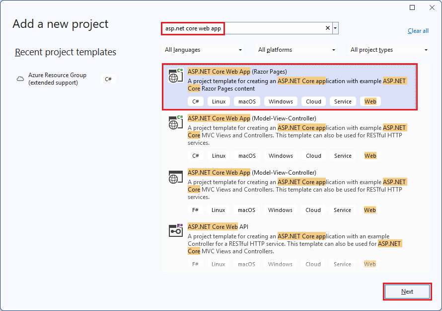 选择了 ASP.NET Core Web 应用程序的新建项目窗口的屏幕截图。