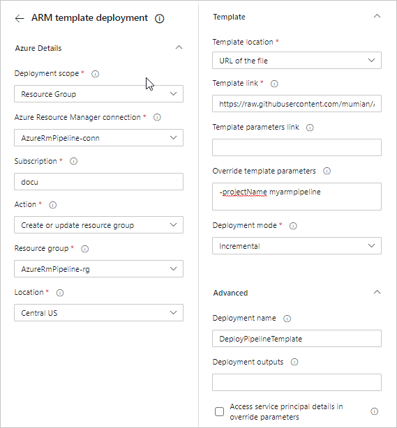 Screenshot of the ARM template deployment page with required values entered for Azure DevOps Azure Pipelines.