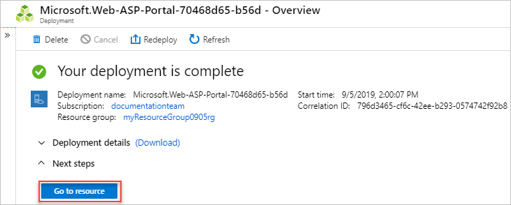 Screenshot of the Go to resource button in the Azure portal.