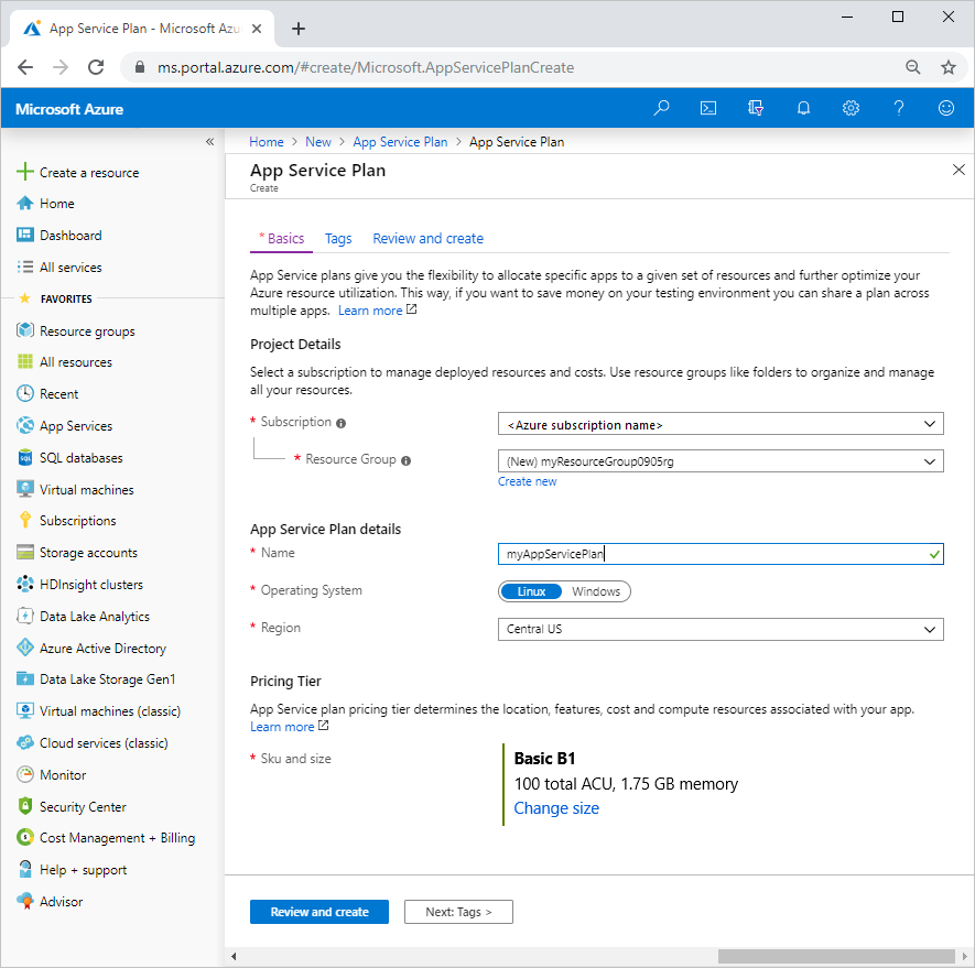 Screenshot of the Create App Service Plan page in the Azure portal.