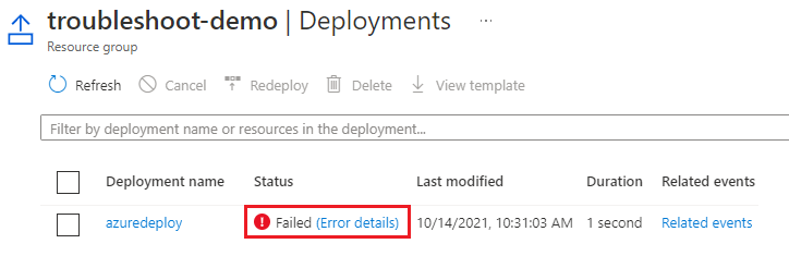 Screenshot of a resource group's deployments section in the Azure portal, displaying a link to error details for a failed deployment.