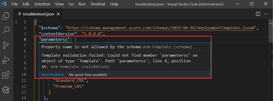 Visual Studio Code 的屏幕截图，突出显示了模板验证错误，并用红色波浪线标记了代码中拼写错误的“parameterss:”。