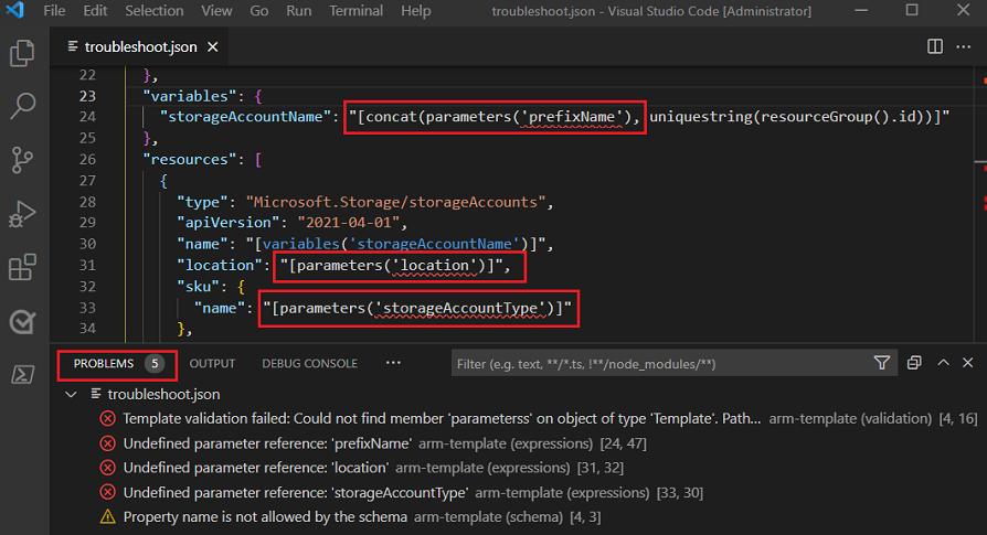 Visual Studio Code 的屏幕截图，显示了“问题”选项卡，其中列出了“变量”和“资源”部分的未定义参数引用错误。
