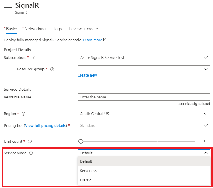Azure portal - Choose service mode when creating a SignalR Service