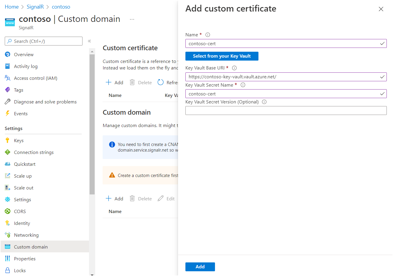 Screenshot of adding a custom certificate.