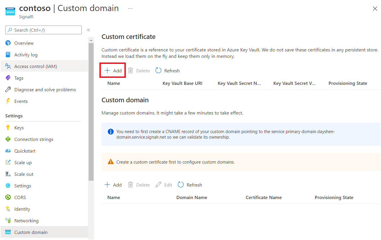 Screenshot of custom certificate management.