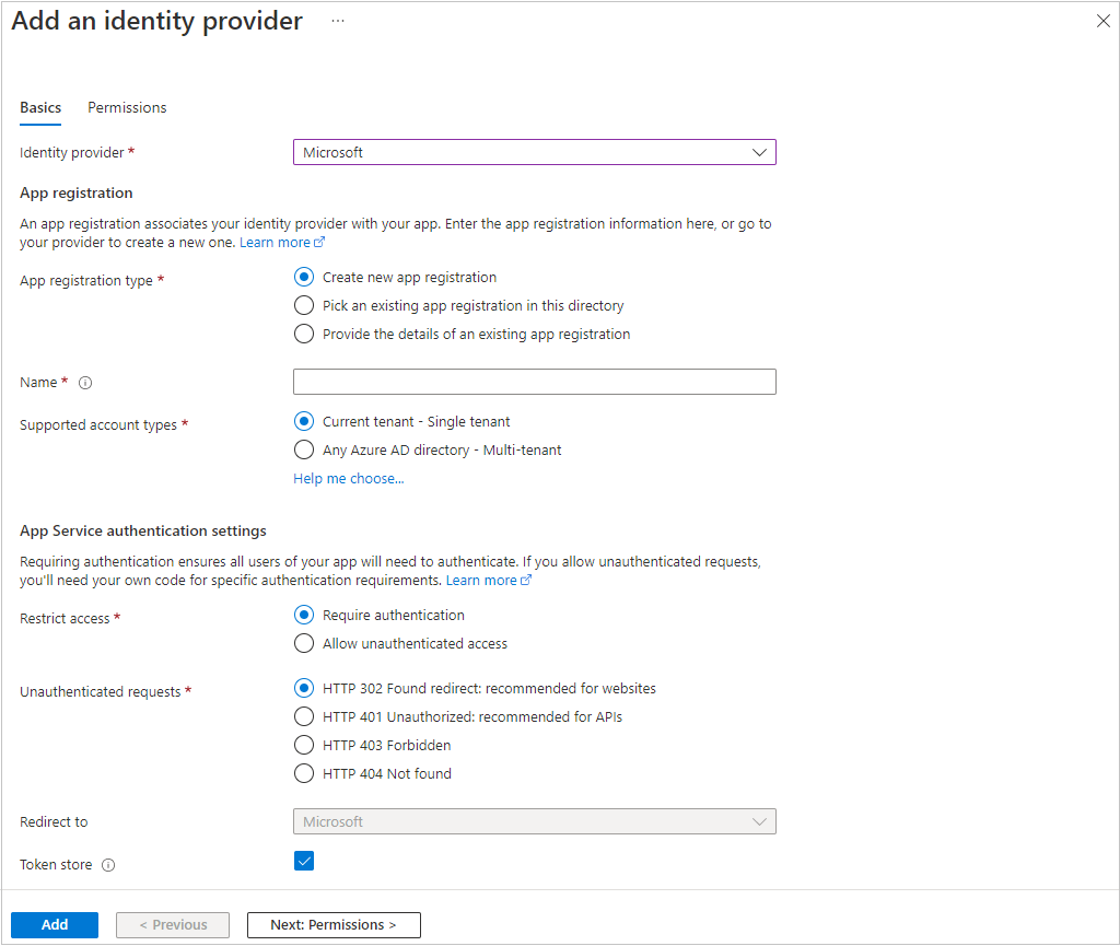 Screenshot that shows basic information for adding an identity provider.